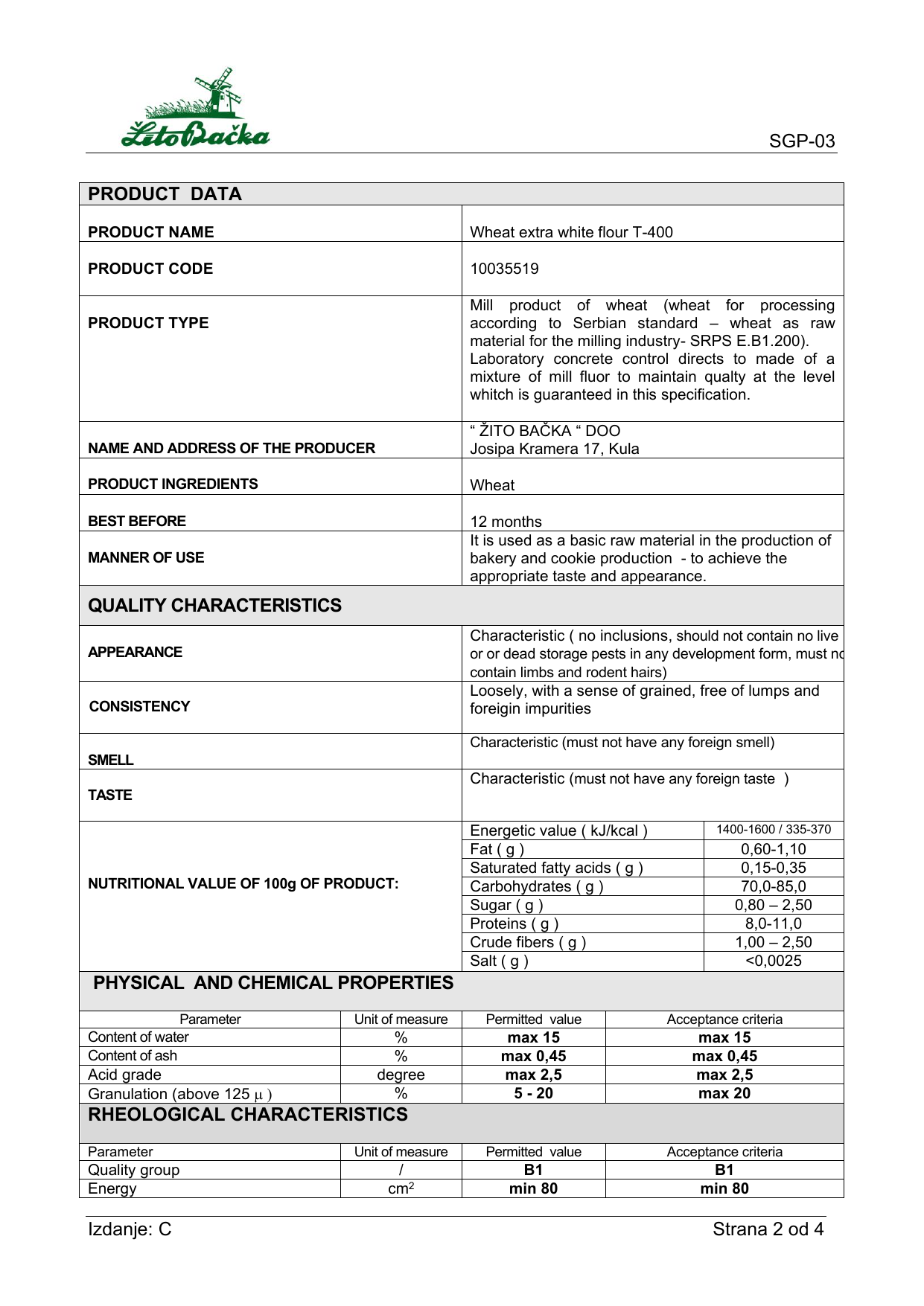 T-400 specification page 1